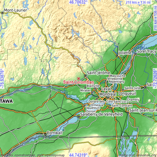 Topographic map of Saint-Colomban