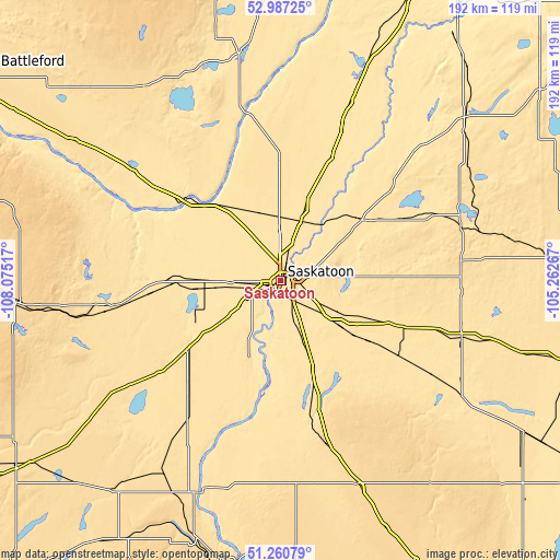 Topographic map of Saskatoon