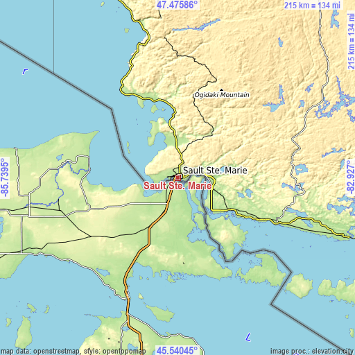 Topographic map of Sault Ste. Marie