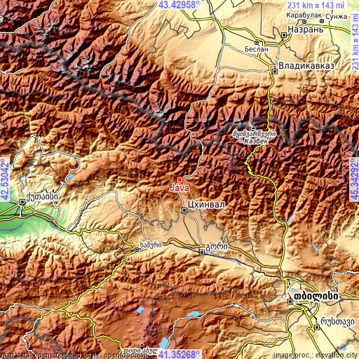 Topographic map of Java