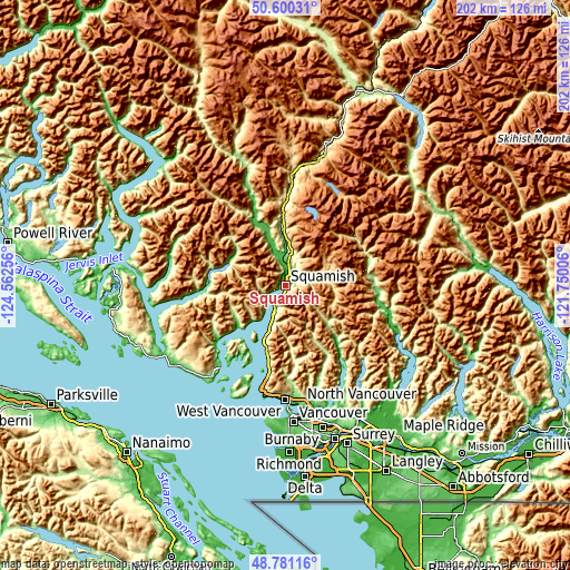 Topographic map of Squamish