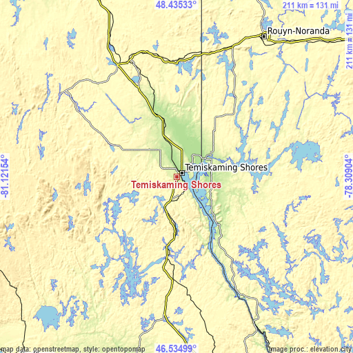 Topographic map of Temiskaming Shores