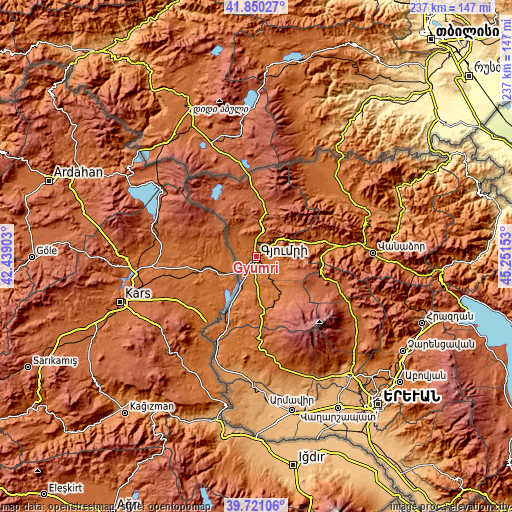 Topographic map of Gyumri