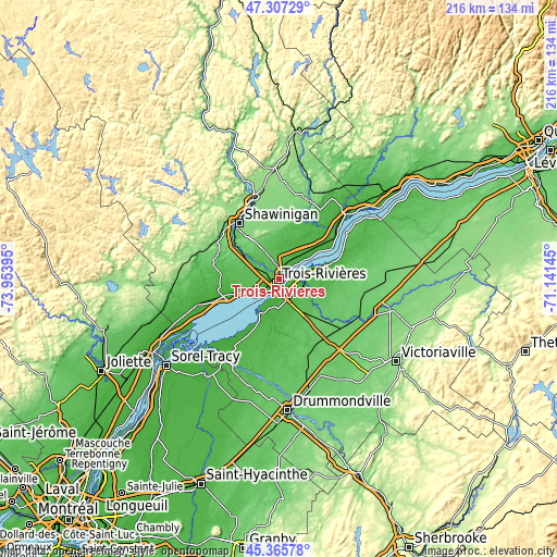 Topographic map of Trois-Rivières