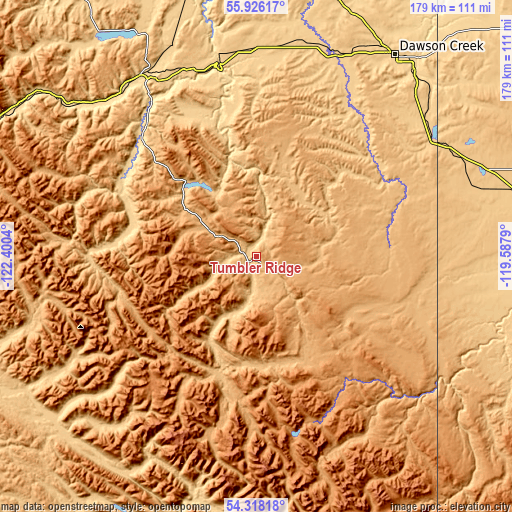 Topographic map of Tumbler Ridge