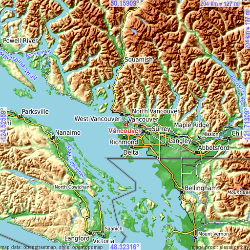 Topographic map of Vancouver