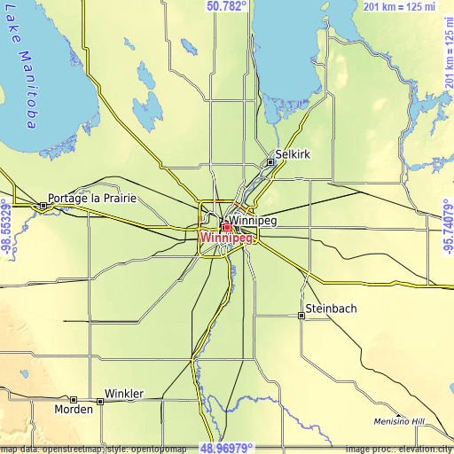 Topographic map of Winnipeg