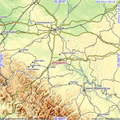 Topographic map of Zhydachiv