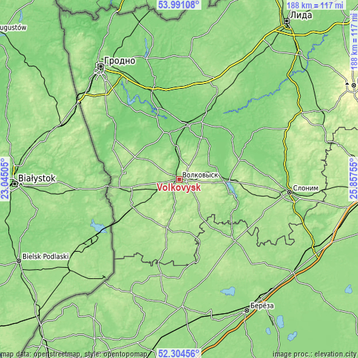 Topographic map of Volkovysk