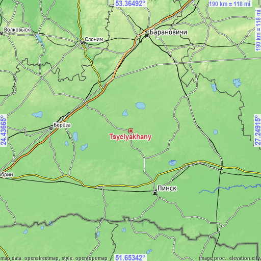 Topographic map of Tsyelyakhany