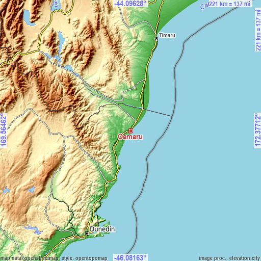 Topographic map of Oamaru