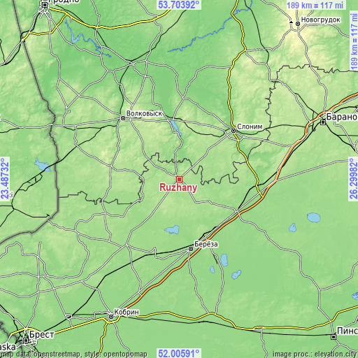 Topographic map of Ruzhany