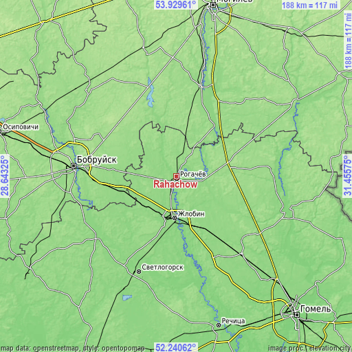 Topographic map of Rahachow