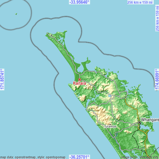 Topographic map of Kaitaia