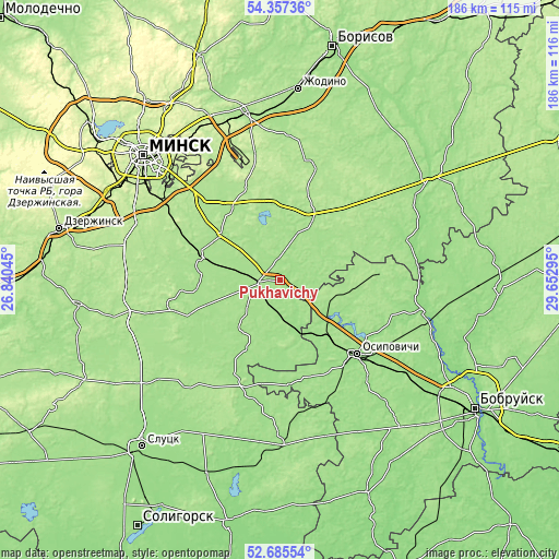 Topographic map of Pukhavichy