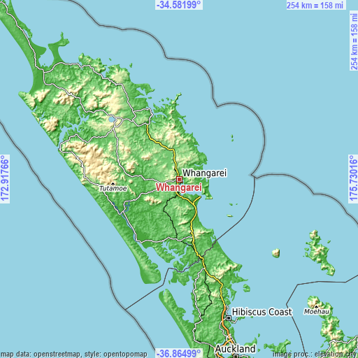 Topographic map of Whangarei