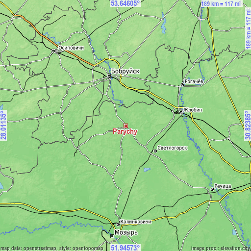 Topographic map of Parychy