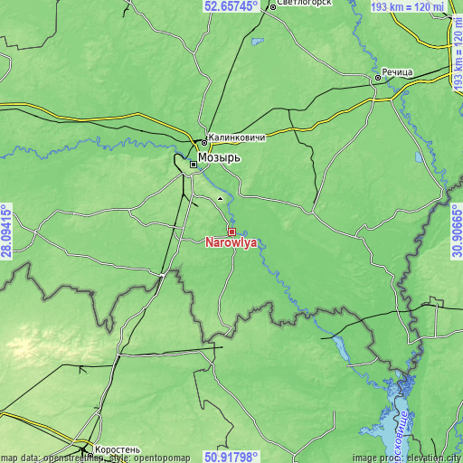 Topographic map of Narowlya