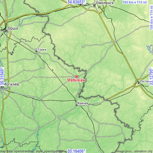 Topographic map of Mstsislaw