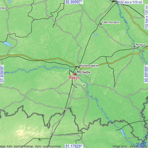 Topographic map of Mazyr