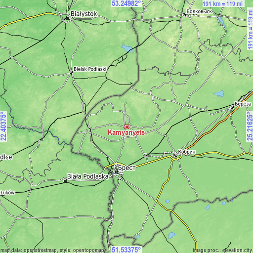 Topographic map of Kamyanyets