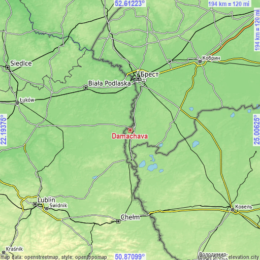 Topographic map of Damachava