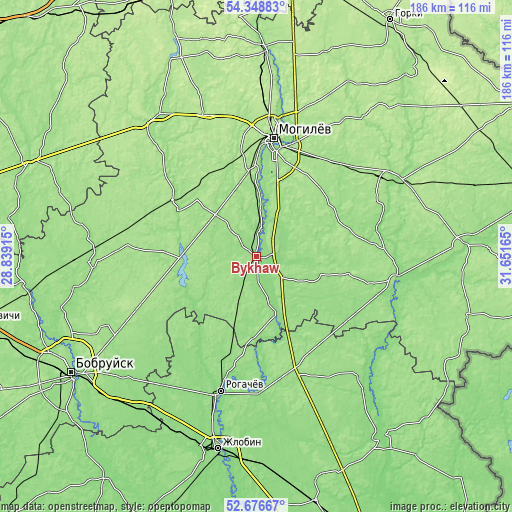 Topographic map of Bykhaw