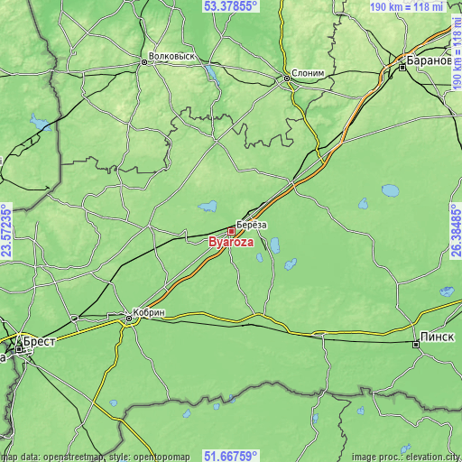 Topographic map of Byaroza