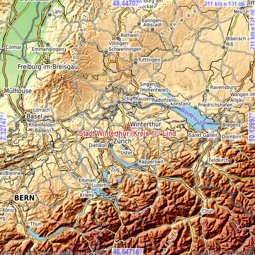 Topographic map of Stadt Winterthur (Kreis 1) / Lind