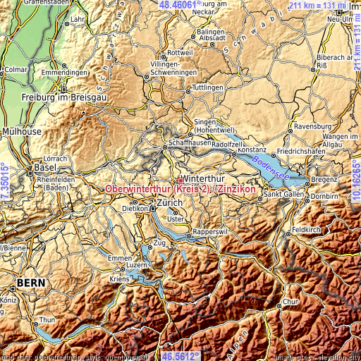 Topographic map of Oberwinterthur (Kreis 2) / Zinzikon