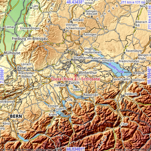 Topographic map of Töss (Kreis 4) / Schlosstal