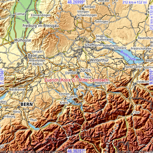 Topographic map of Zürich (Kreis 2) / Mittel-Leimbach