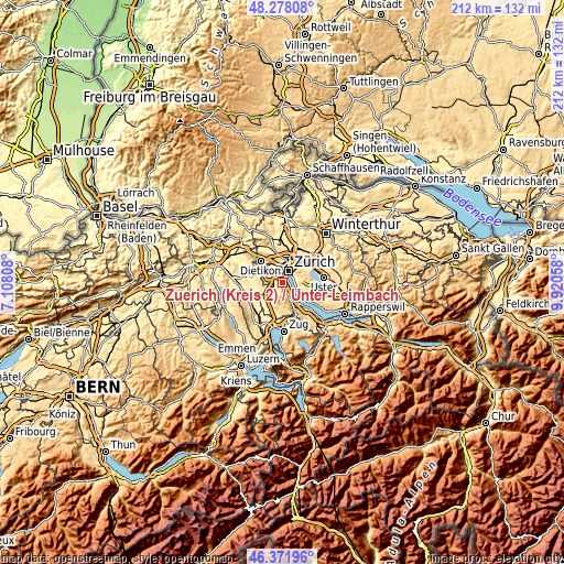 Topographic map of Zürich (Kreis 2) / Unter-Leimbach