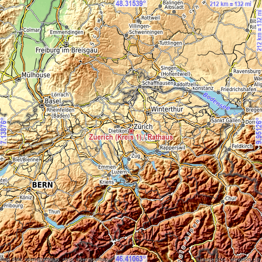Topographic map of Zürich (Kreis 1) / Rathaus