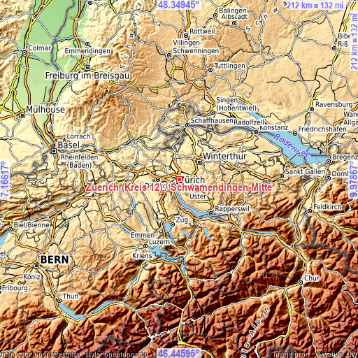 Topographic map of Zürich (Kreis 12) / Schwamendingen-Mitte