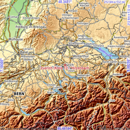 Topographic map of Zürich (Kreis 12) / Hirzenbach