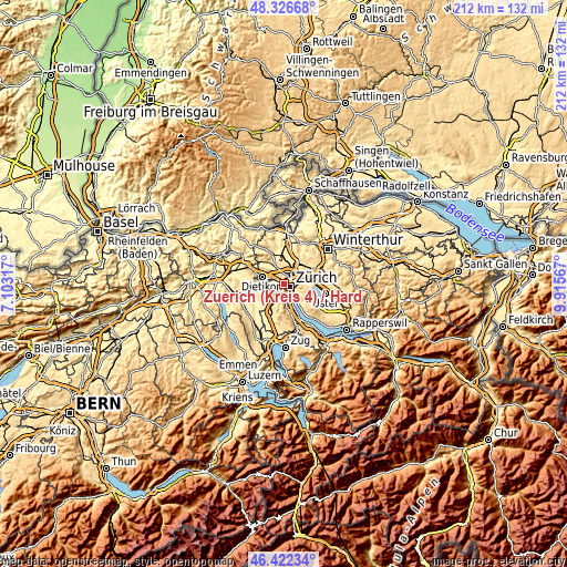 Topographic map of Zürich (Kreis 4) / Hard