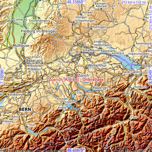 Topographic map of Zürich (Kreis 6) / Unterstrass