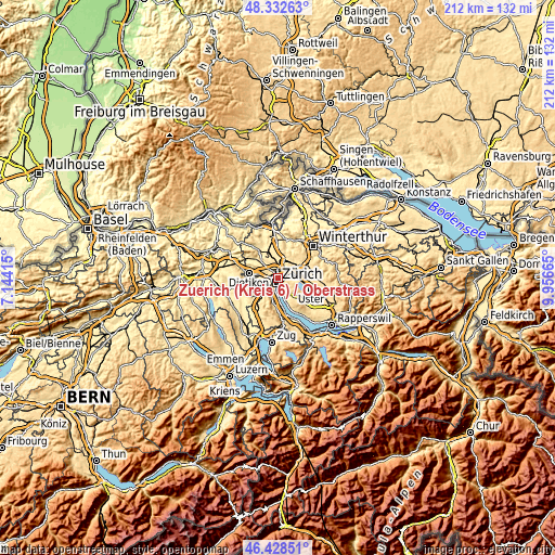 Topographic map of Zürich (Kreis 6) / Oberstrass