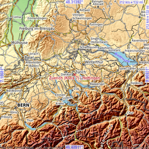 Topographic map of Zürich (Kreis 7) / Hottingen