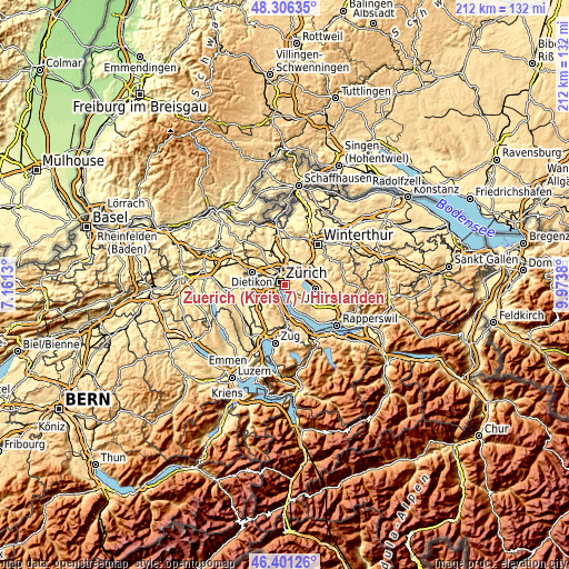 Topographic map of Zürich (Kreis 7) / Hirslanden