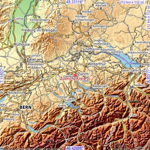 Topographic map of Zürich (Kreis 5)