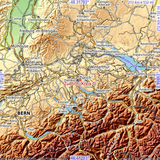 Topographic map of Zürich (Kreis 7)