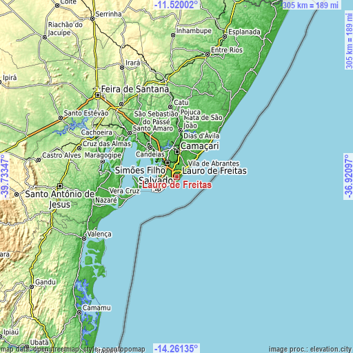 Topographic map of Lauro de Freitas