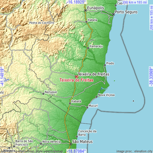 Topographic map of Teixeira de Freitas