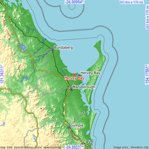Topographic map of Hervey Bay