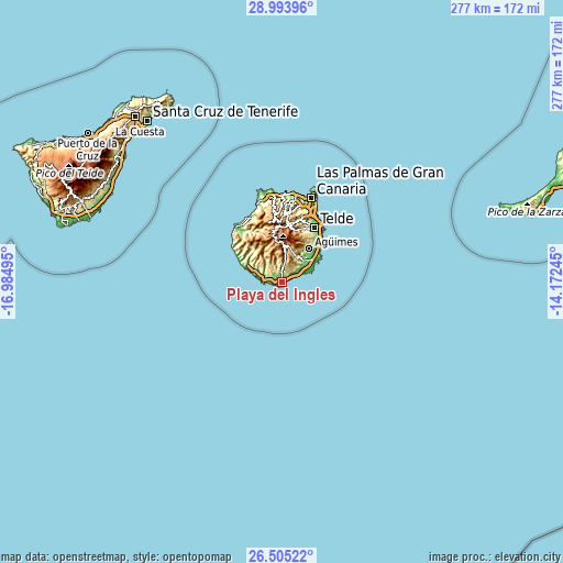 Topographic map of Playa del Ingles