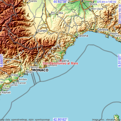 Topographic map of San Bartolomeo al Mare