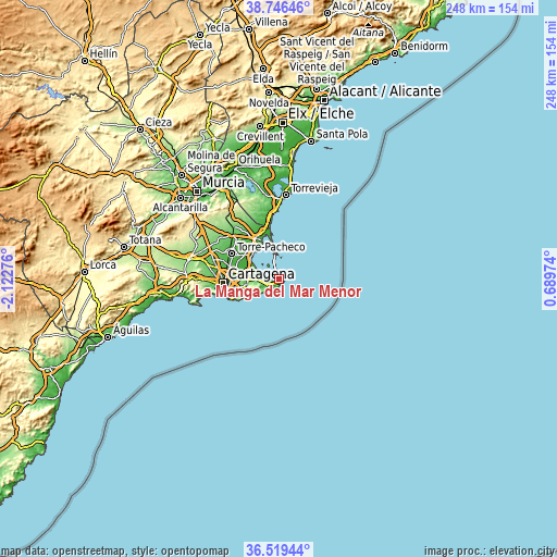 Topographic map of La Manga del Mar Menor