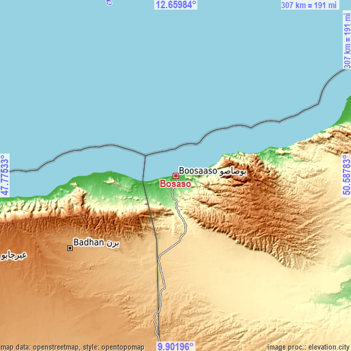 Topographic map of Bosaso